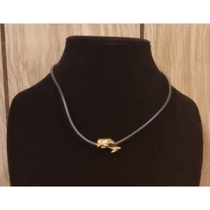 Vintage Jumping Dolphin Gold Tone Charm Pendant 16" Rubber Cord Necklace